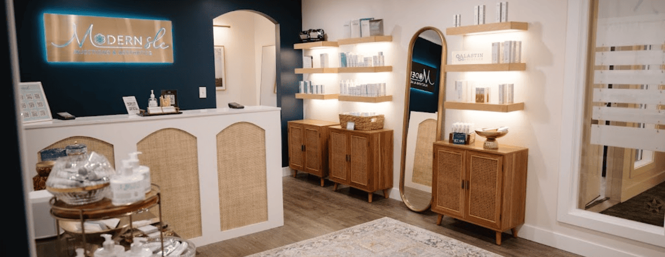 a room with a mirror and shelves | Modern-SLC-Injections-Aesthetics-in-Salt-Lake-City-Utah